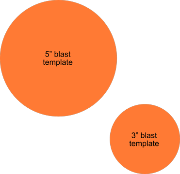 Blast templates of various sizes for wargaming