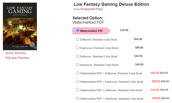 Price comparison chart for print and PDF game formats