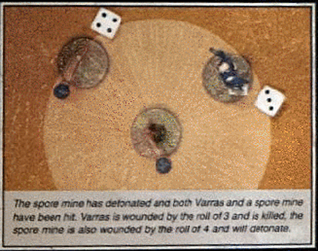 Annotated screenshot showing spore mines with blast template